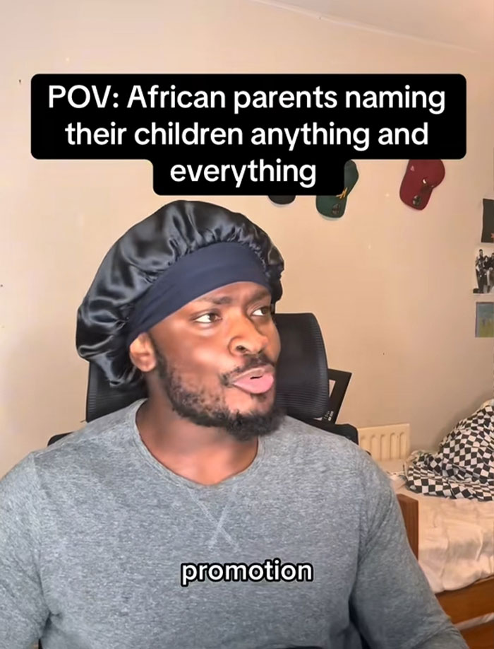 Man in a black bonnet and gray shirt reacting humorously to unique African names parents give their children. Man in a black bonnet and gray shirt reacting humorously to unique African names parents give their children.