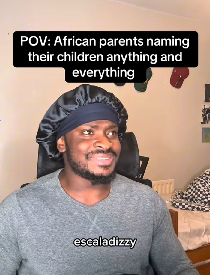 Man in a black satin bonnet smiling with text about African names people canāt believe are real. Man in a black satin bonnet smiling with text about African names people canāt believe are real.