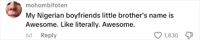Screenshot of a social media comment praising a Nigerian name as awesome, related to African names people canāt believe. Screenshot of a social media comment praising a Nigerian name as awesome, related to African names people canāt believe.