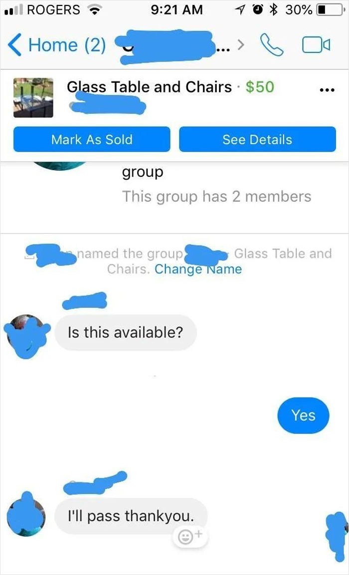 Screenshot of a funny conversation showing older people failing at technology in an online marketplace chat.