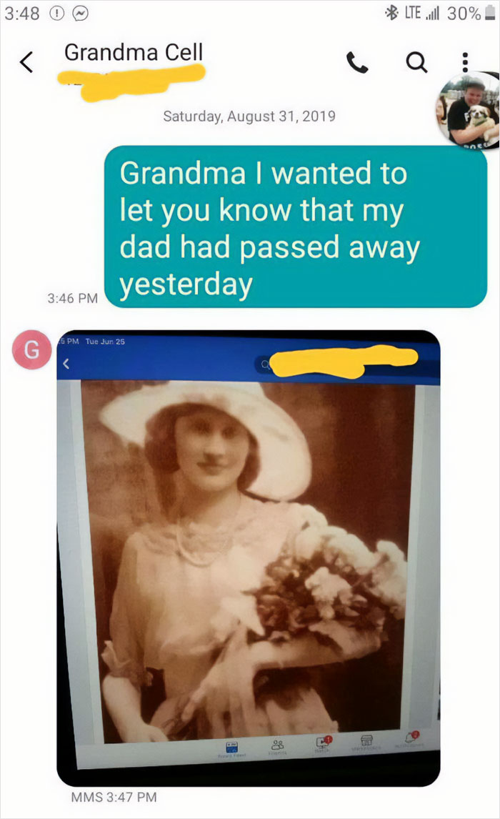 Text message showing older person failing at technology by replying to sad news with an old photo, funny tech fail by older people.