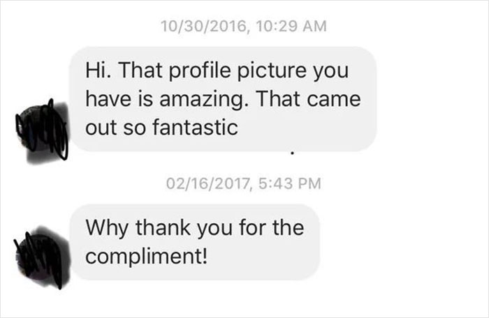 Text message exchange showing someone thanking another for a compliment, illustrating older people failing at technology humor.