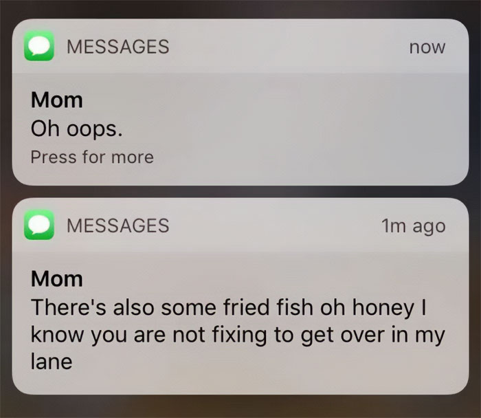 Text message notifications from Mom showing humorous technology fails by older people in casual conversation style.