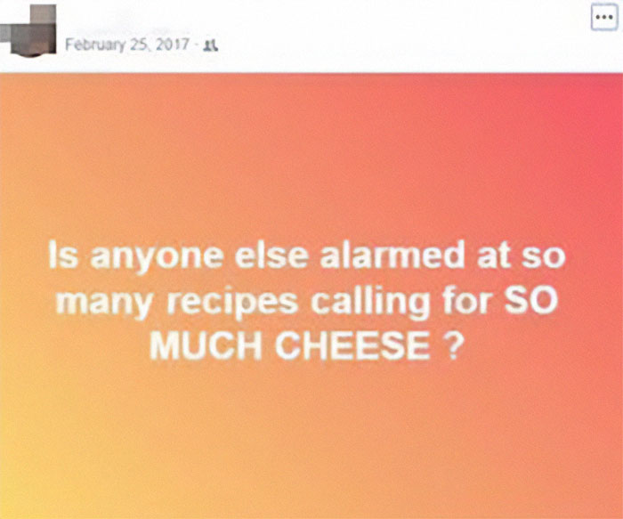 Older person’s humorous social media post showing confusion over recipes calling for so much cheese, highlighting tech fails.