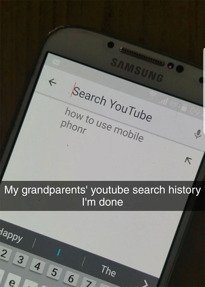 Samsung phone screen showing a humorous older person’s YouTube search on how to use mobile phone technology.