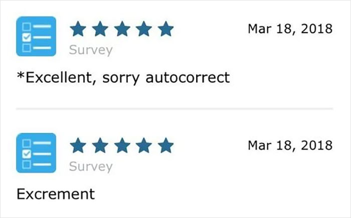Screenshot of humorous older people technology fail showing a corrected autocorrect mistake in a five-star survey review.