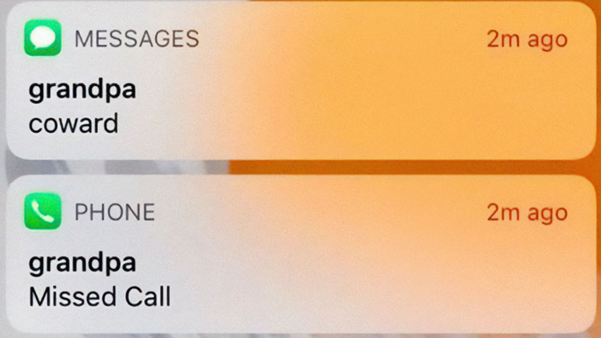 Text message and missed call from grandpa showing technology fail with humorous tone from older people.