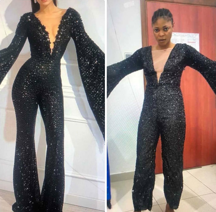 Side-by-side comparison of ordered versus received black sequin jumpsuits showing a clear hilarious fail in fit and design.