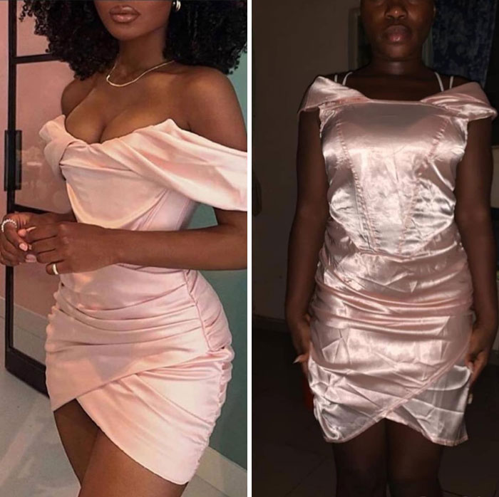 Side-by-side comparison of ordered versus received pink dresses showing a hilarious fashion fail in fit and design.