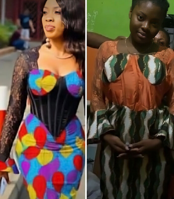 Side-by-side comparison of colorful dress order versus disappointing real-life clothing fail with mismatched pattern and fit.