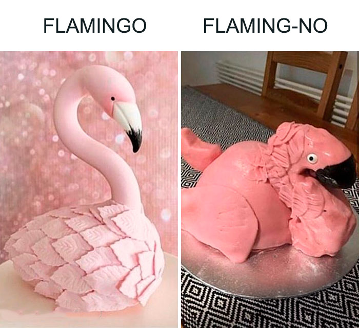 Comparison of a beautiful flamingo cake versus a failed flamingo cake showing a hilarious order vs reality fail.