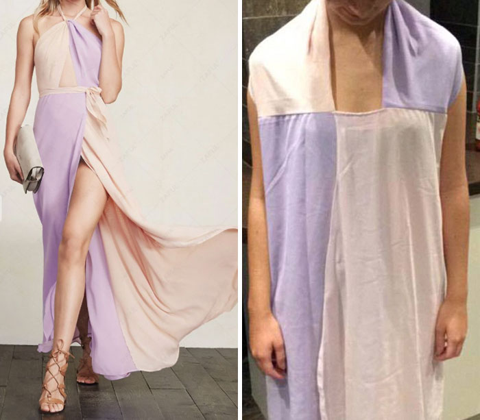 Comparison of ordered elegant dress versus received humorous fail version with incorrect fit and style differences