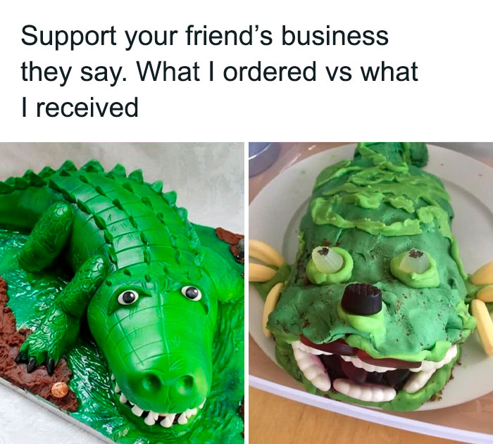 Green alligator cake ordered versus poorly made cake received, showcasing funny what I ordered vs what I got fail.
