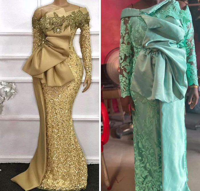 Comparison of ordered elegant dress versus poorly executed version, showcasing a hilarious fashion fail from what I ordered vs what I got.