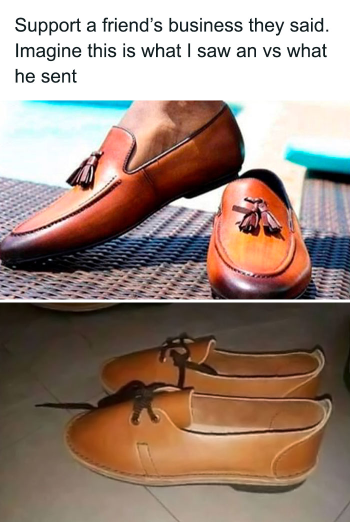 Brown tassel loafers ordered versus poorly made similar shoes received, illustrating a classic what I ordered vs what I got fail.