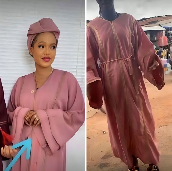 Side-by-side comparison of a stylish dress ordered versus a poorly fitting dress received in hilarious fashion fail.