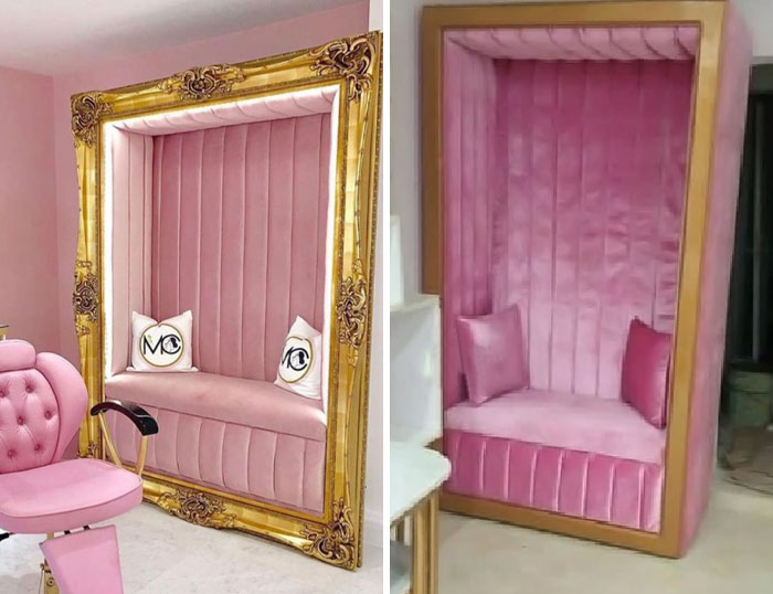 Comparison of a pink framed cushioned seating ordered versus a less detailed pink seat received as a funny ordering fail.