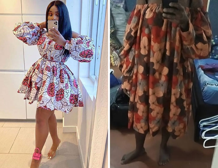 Side-by-side comparison of colorful floral dresses showing humorous order versus actual product fails.