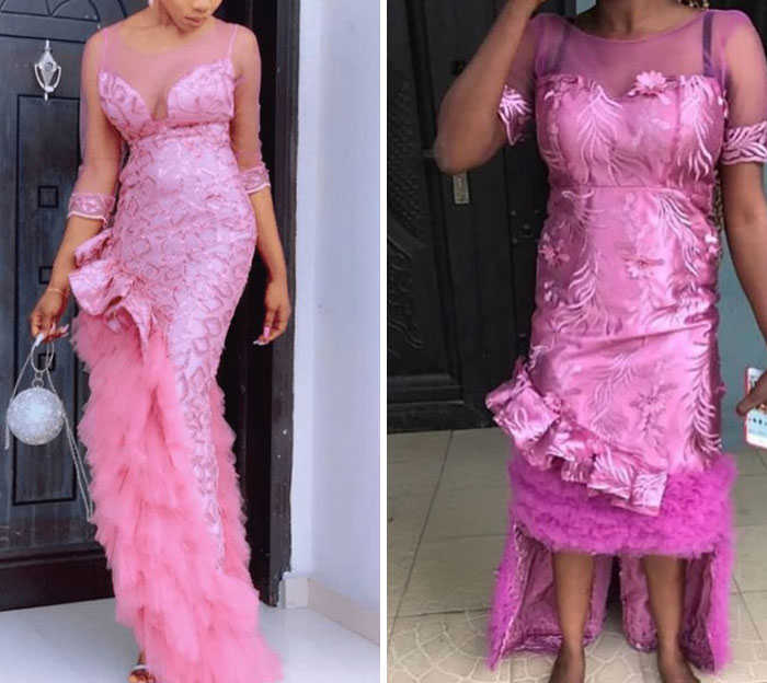 Side-by-side comparison of pink dresses showing what was ordered versus what was received in funny fashion fails.