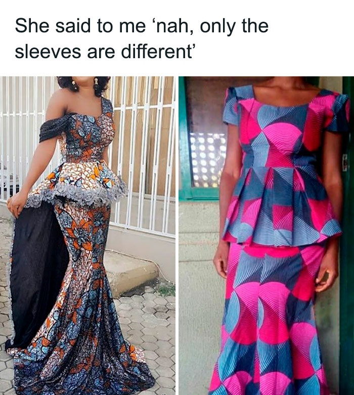 Comparison of ordered vs received dresses showing a hilarious fail in sleeve design and overall style difference.