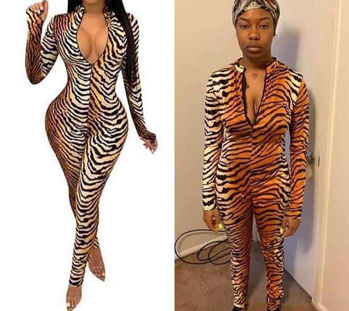 Side-by-side comparison of a tiger-print outfit ordered online versus the disappointing item received in a hilarious fail.