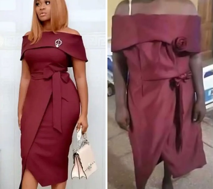 Side-by-side comparison of ordered dress versus actual received dress showing major hilarious fails in clothing.