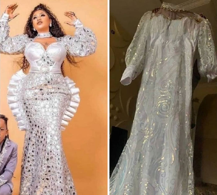 Comparison of an elegant white dress ordered versus a disappointing and ill-fitting dress received in a hilarious fail.