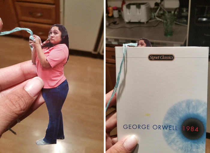 Cutout of a funny parent holding yarn, humorously attached to a book, showcasing the funniest parents ever.
