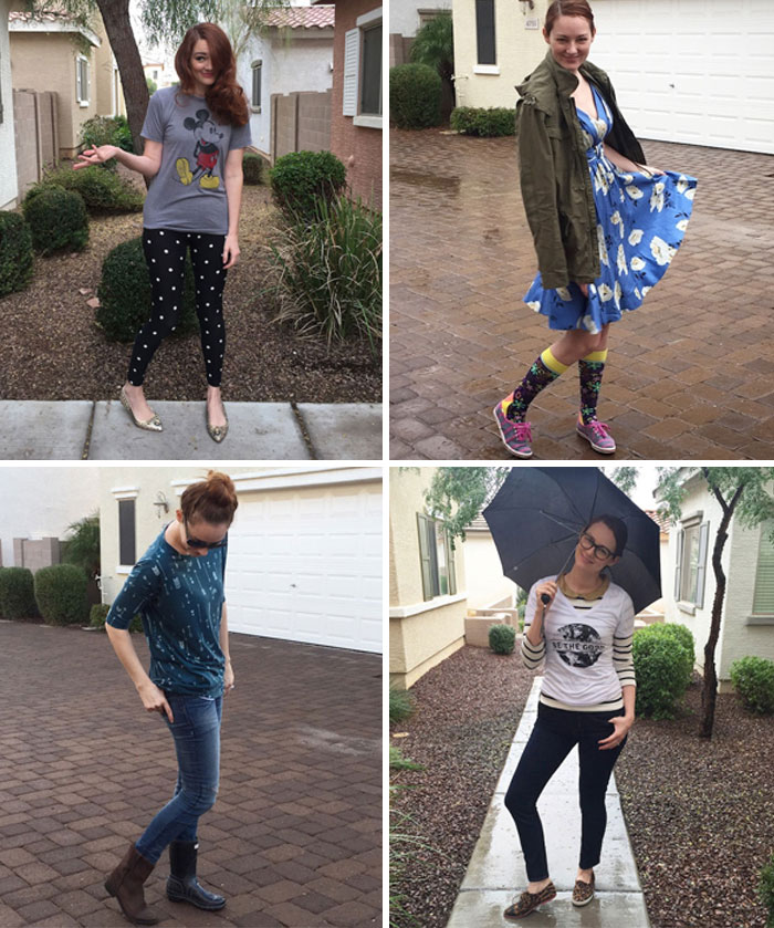 Collage of people posing humorously outdoors, showcasing the funniest parents ever with playful and quirky outfits.