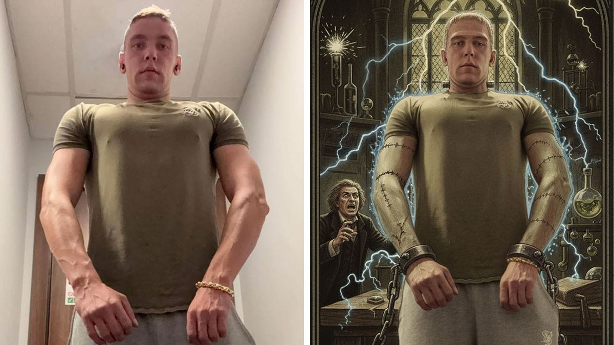 Man with muscular arms edited into Frankenstein scene with electric bolts and scientist reacting in background