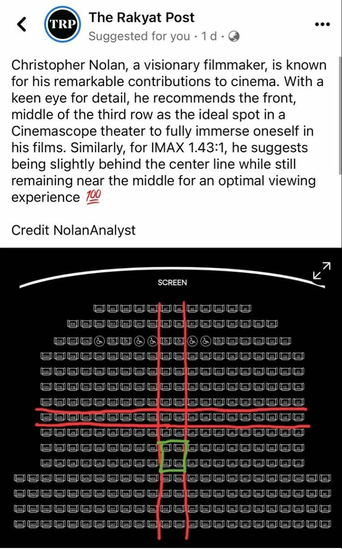 Seating chart with highlighted ideal spots for optimal viewing in cinemascope and IMAX theaters for super culture fans.