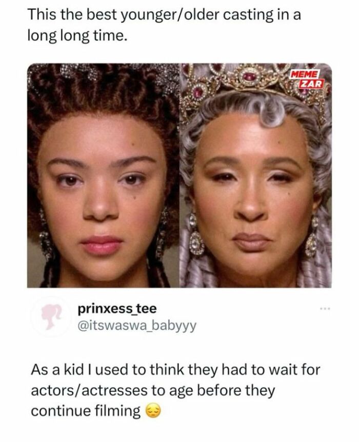 Side-by-side images showing younger and older casting in a period drama, highlighting super culture entertainment memes.
