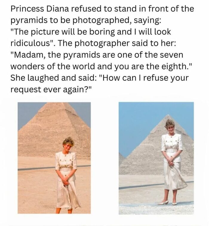 Princess Diana posing respectfully in front of a pyramid, featured in super culture entertaining posts and memes.