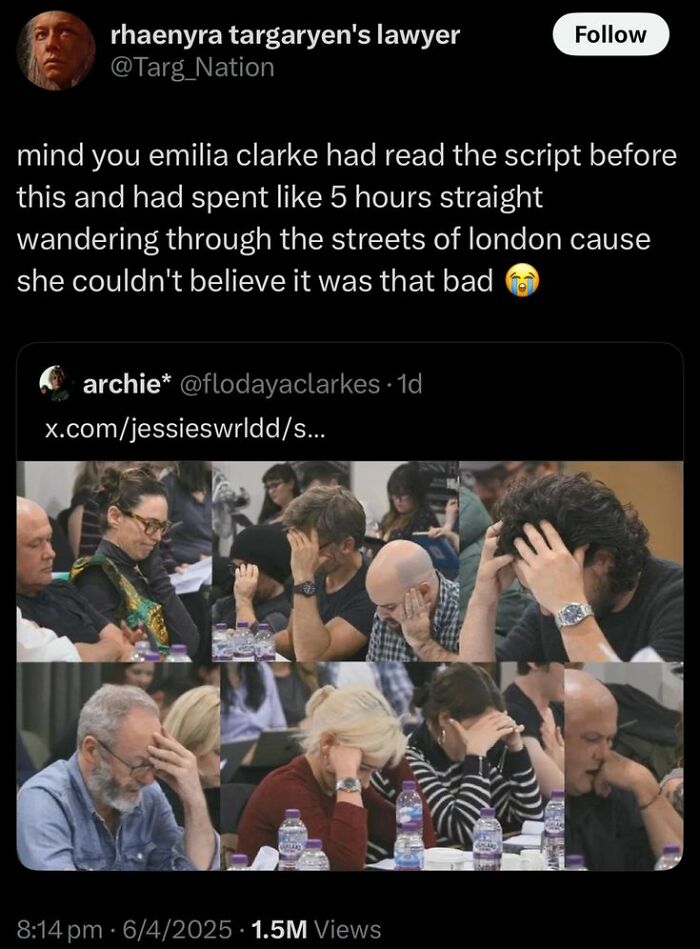Screenshot of social media posts with actors looking frustrated during a script read, related to super culture memes.