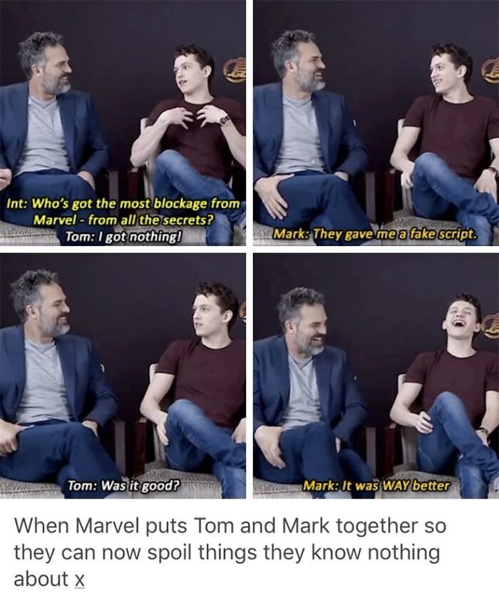 Two men laughing during an interview about Marvel, featured in a super culture post to fight boredom with entertaining memes.