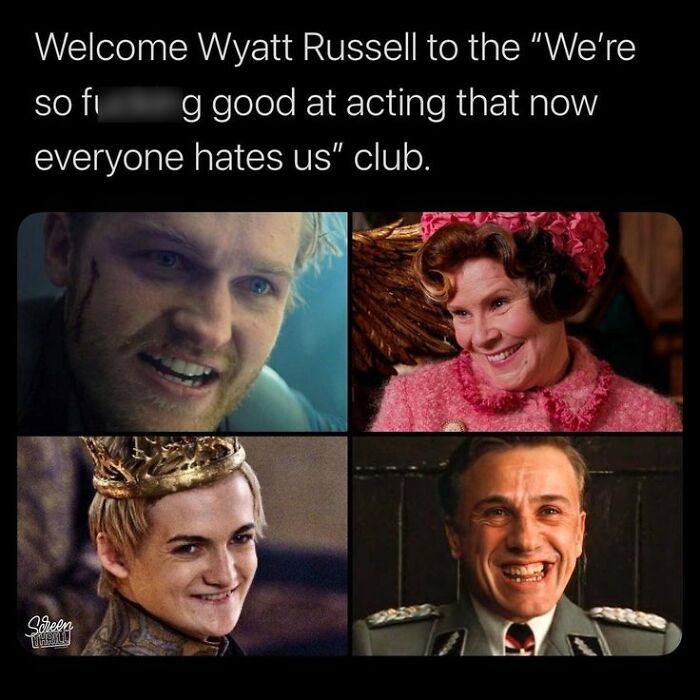 Meme collage featuring actors with intense expressions in a super culture post to fight boredom and entertain viewers.