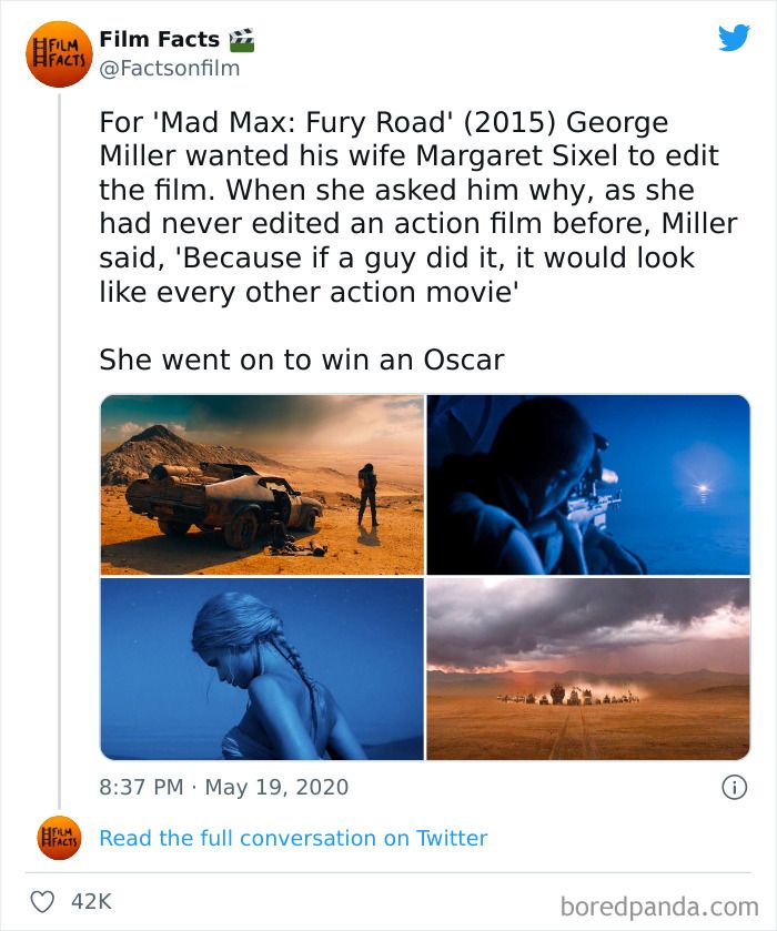 Tweet from Film Facts sharing a Super Culture post about Mad Max and Oscar-winning film editing trivia with movie scene images.