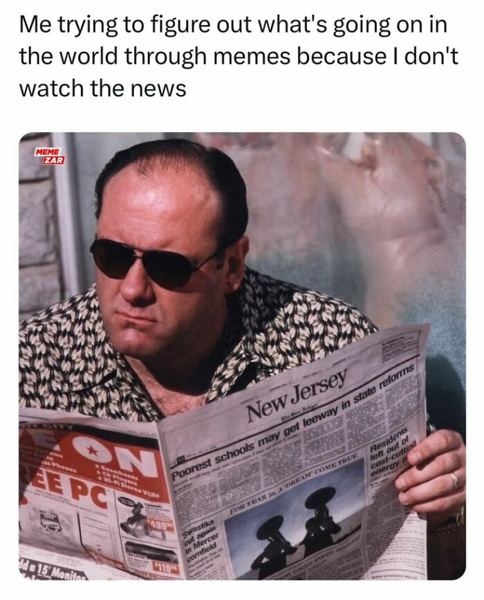 Man wearing sunglasses reading a newspaper, caption about understanding the world through memes for super culture entertainment.