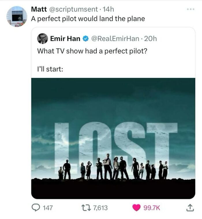 Tweet exchange about TV show pilots with an image of LOST cast, featured in super culture entertaining posts and memes.
