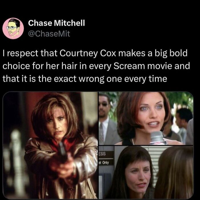 Meme about Courtney C*x's bold but wrong hair choices in Scream movies, featured in super culture entertaining posts.