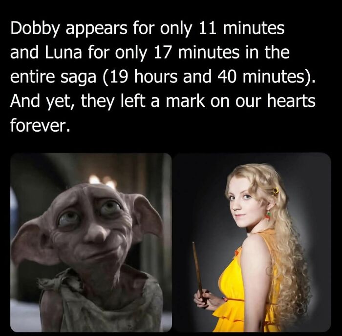 Text about Dobby’s and Luna’s brief appearances in the saga, with images from Super Culture entertaining posts.