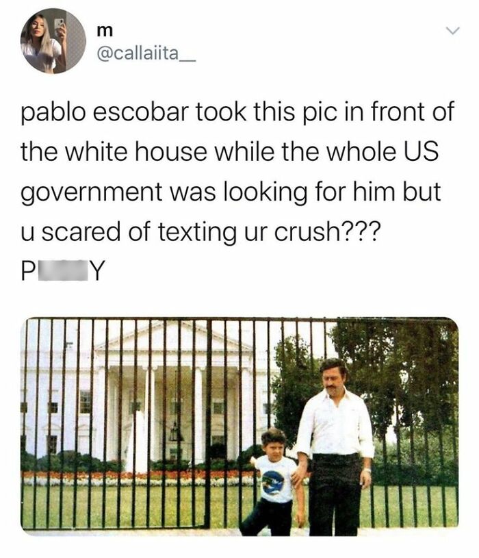 Meme showing Pablo Escobar in front of the White House, featured in super culture entertaining posts and memes.