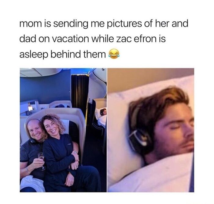 Couple smiling on plane in front of Zac Efron asleep in the background, a funny Super Culture meme post.