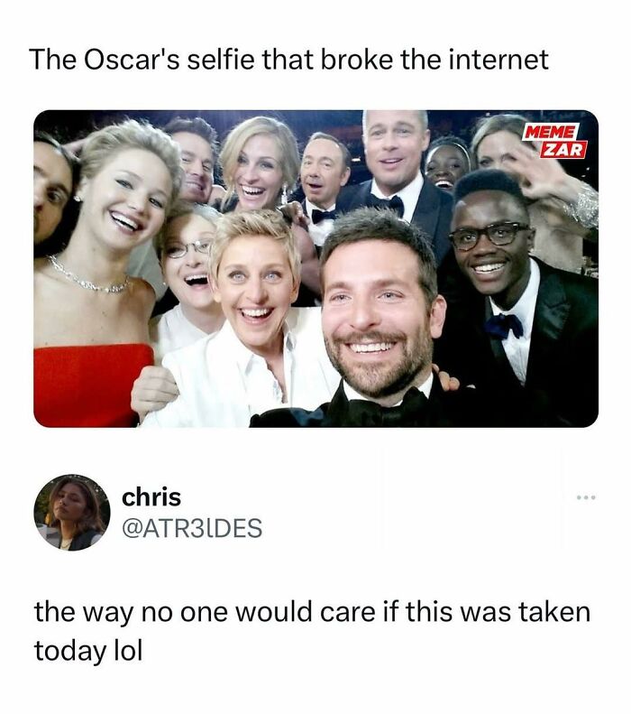 Famous group selfie meme with celebrities, shared as part of super culture entertaining posts and memes.