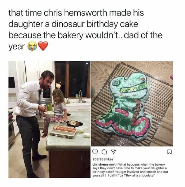 Chris Hemsworth baking a dinosaur cake for his daughter, showcasing super culture creativity and fun parenting moments.