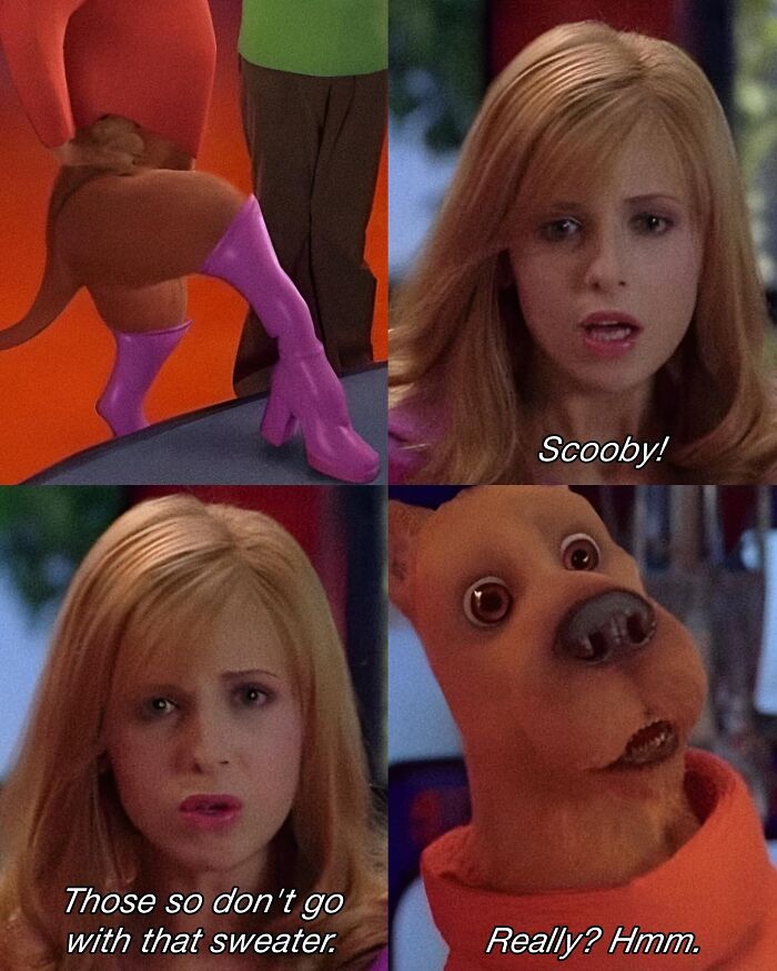 Scene from Scooby-Doo meme with characters discussing fashion, featured in super culture entertaining posts and memes.