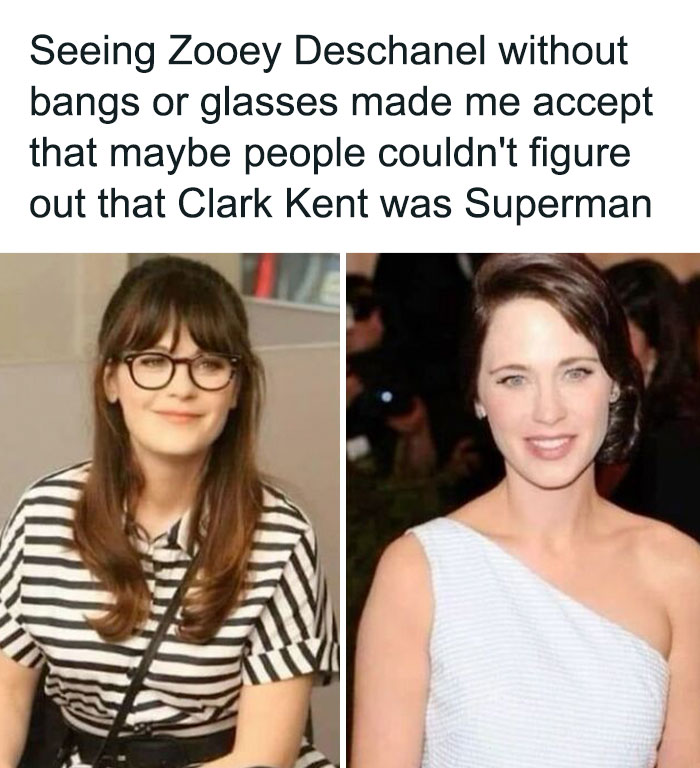 Meme comparing two photos of Zooey Deschanel without bangs or glasses, related to Super Culture humor posts.