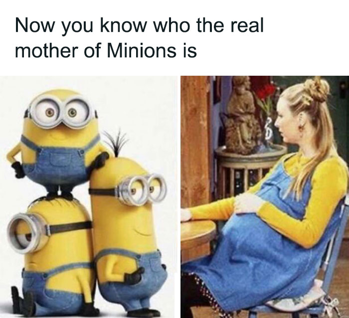Minions characters stacked beside a pregnant woman in a denim dress, a humorous post from Super Culture memes.