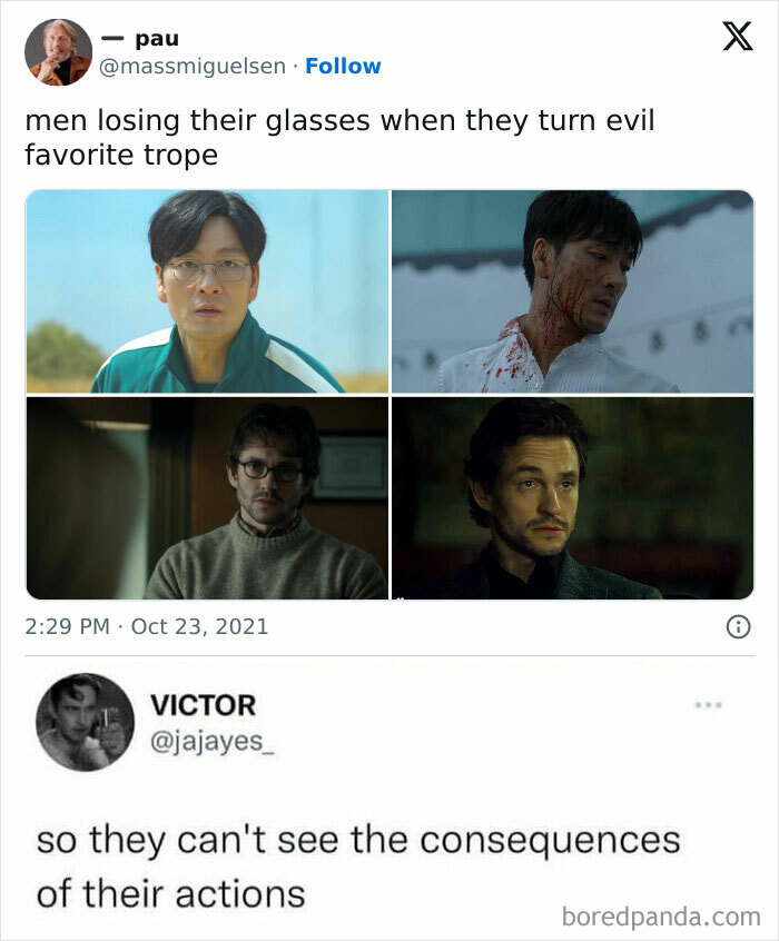 Men losing glasses when turning evil trope, with captions about hiding consequences of their actions in super culture memes.