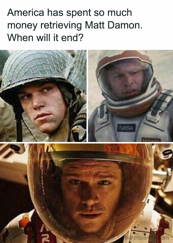 Meme collage featuring Matt Damon in military and astronaut gear, highlighting entertaining posts to fight boredom in Super Culture.